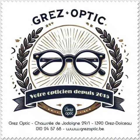 Chamoisette microfibre Grez Optic « Votre opticien depuis 2015 » pour nettoyer les lunettes